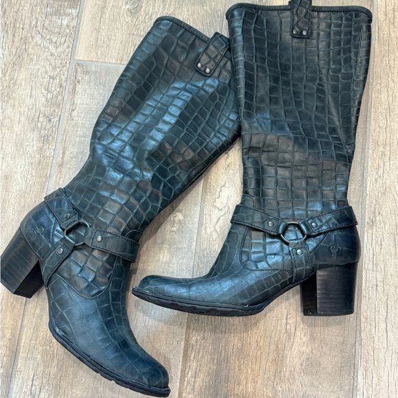 Born Lewis black croc embossed leather double buckle heeled boots - Picture 5 of 15